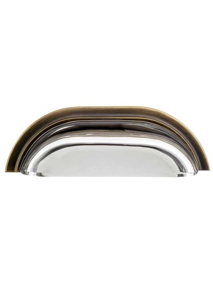 Clear-Glass Cup Pull with Solid-Brass Base - 4-Inch Center-to-Center in Antique Brass.